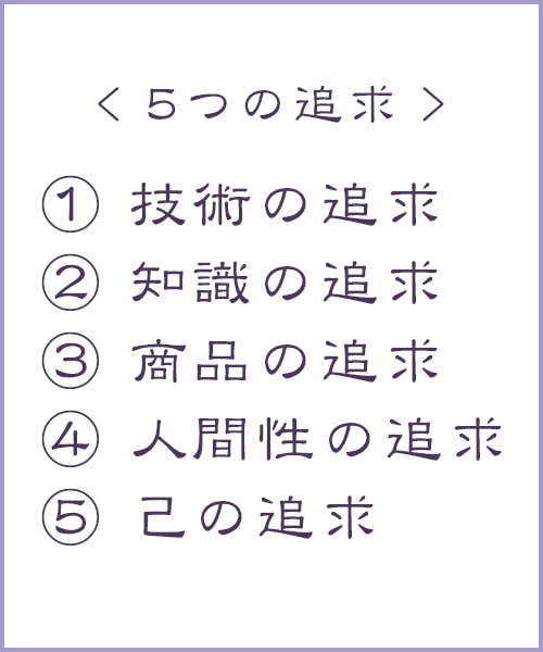 技術の追求、知識の追求、商品の追求、人間性の追求、己の追求